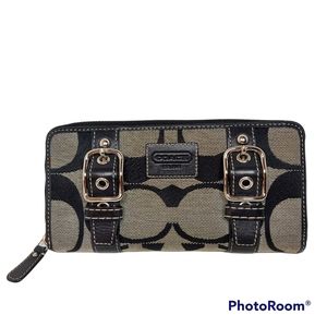 EUC Coach Brown Signature Buckle Leather Zip Around Accordion Clutch Wallet